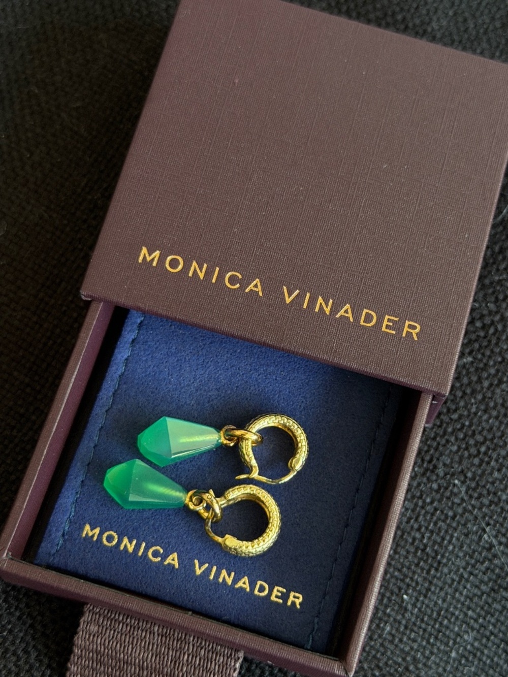 Monica Vinader Green Gemstone charms with huggie Hoop earrings